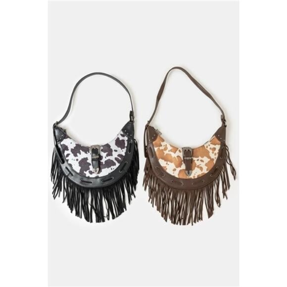 Fame Cow Print Faux Leather Fringe Hobo Bag - Picture 2 of 3